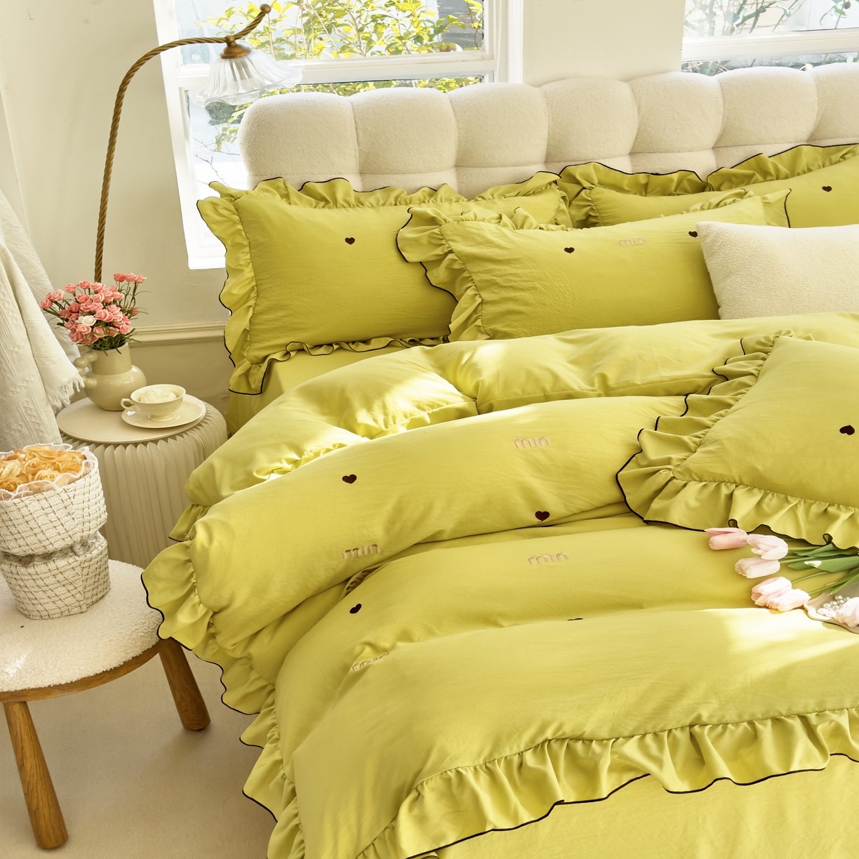 91家纺网 家纺一手货源 找家纺 梦可莱 2024新款亲肤刺绣荷叶边四件套-心灵迷恋 牛油果绿