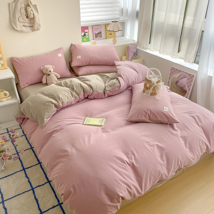 91家纺网 家纺一手货源 找家纺 雅居纺家纺 2024新款全棉素色水洗棉四件套 绅士红卡其