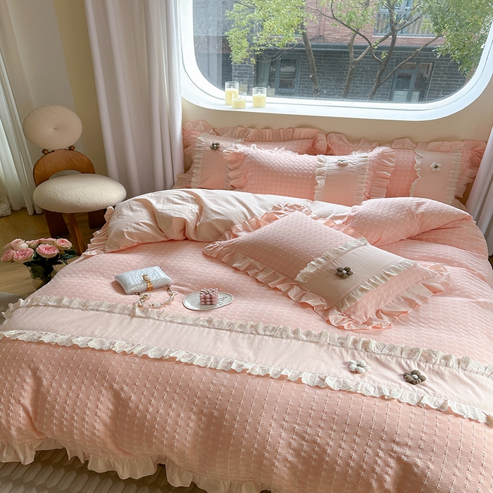 91家纺网 家纺一手货源 找家纺 蜜柚2024春夏新款全棉水洗棉韩系ins公主风花边四件套 芙贝拉-浅粉