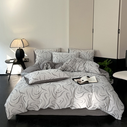 雅居纺家纺 2024新款全棉双层纱色织提花四件套 潮流-灰