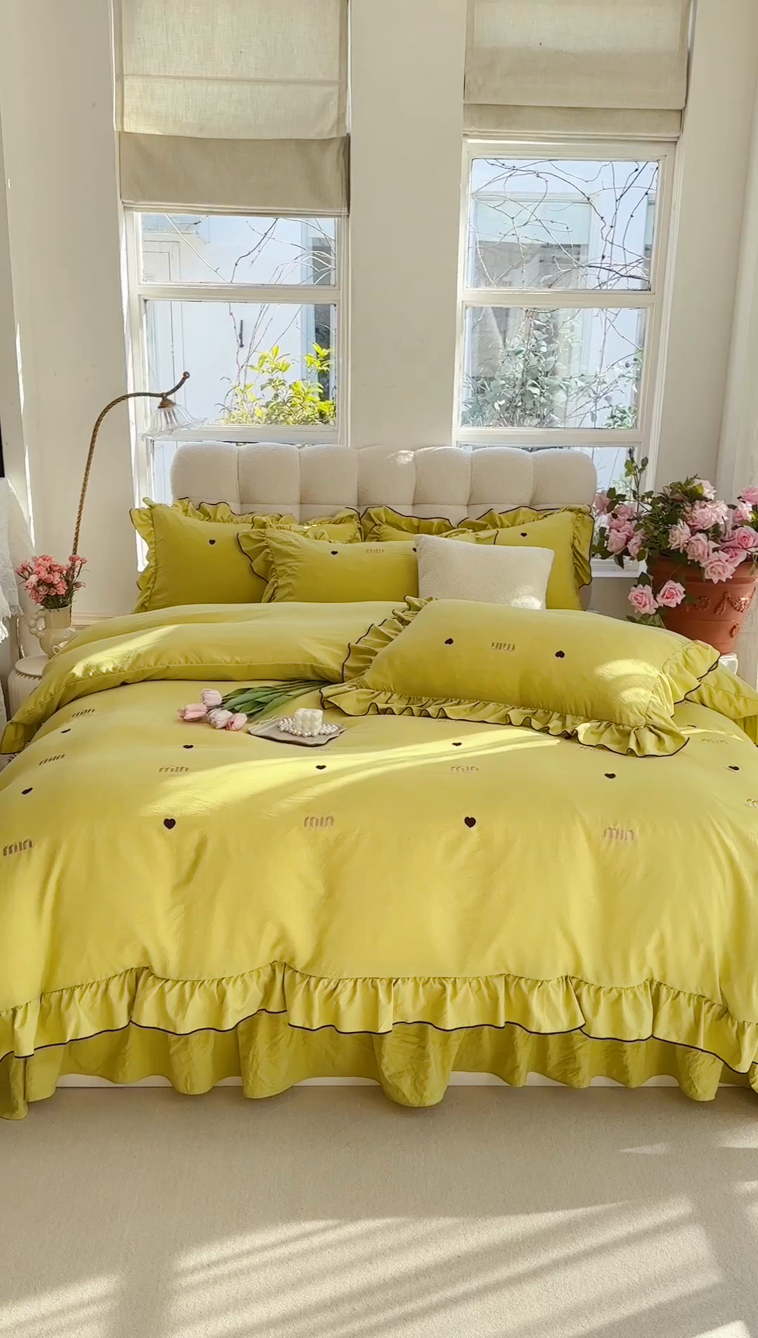 91家纺网 家纺一手货源 找家纺 梦可莱 2024新款亲肤刺绣荷叶边四件套-心灵迷恋 牛油果绿