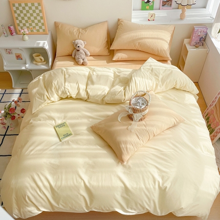 雅居纺家纺 2024新款全棉素色水洗棉四件套 米黄咖啡