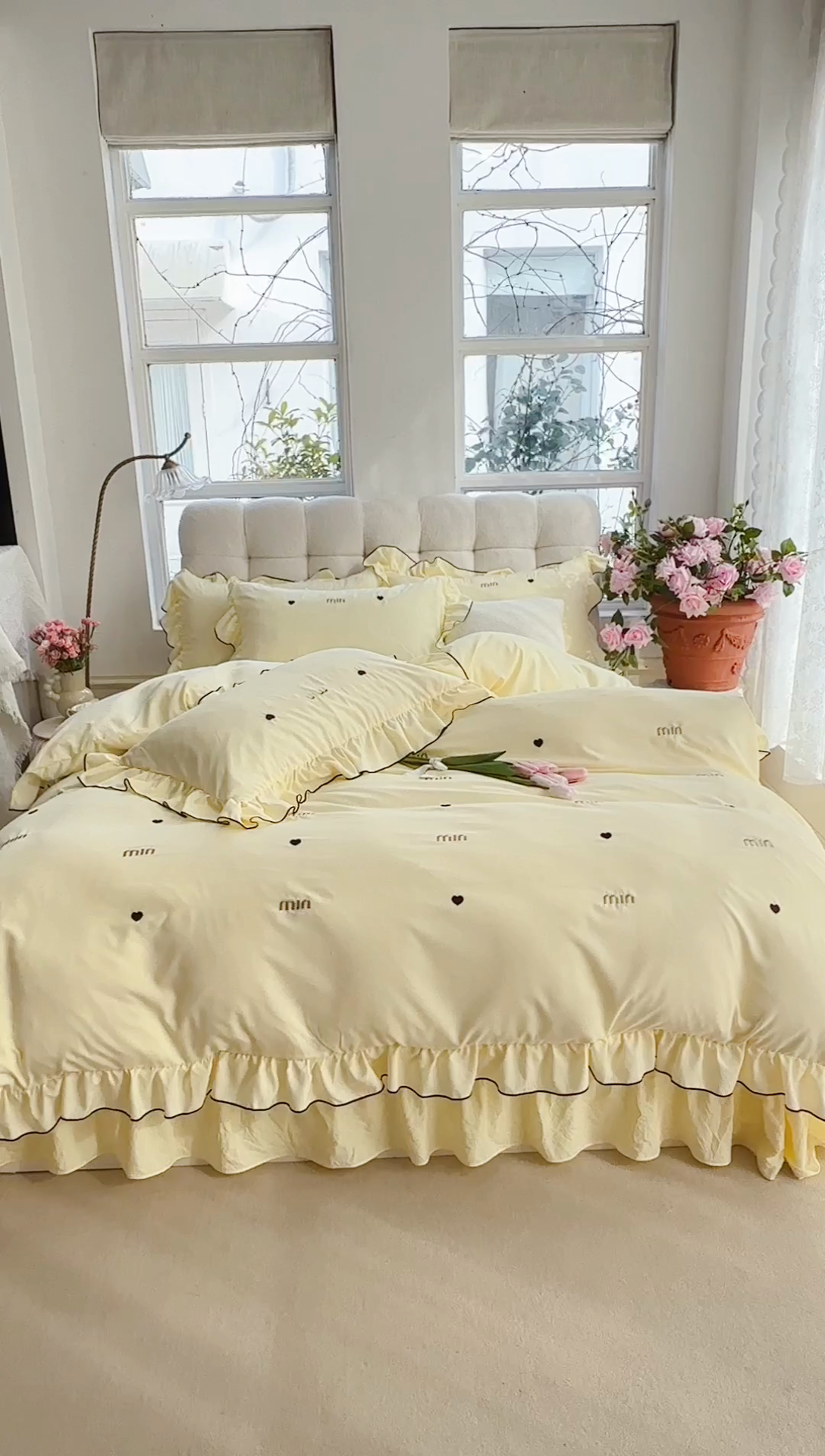 91家纺网 家纺一手货源 找家纺 梦可莱 2024新款亲肤刺绣荷叶边四件套-心灵迷恋 奶油黄