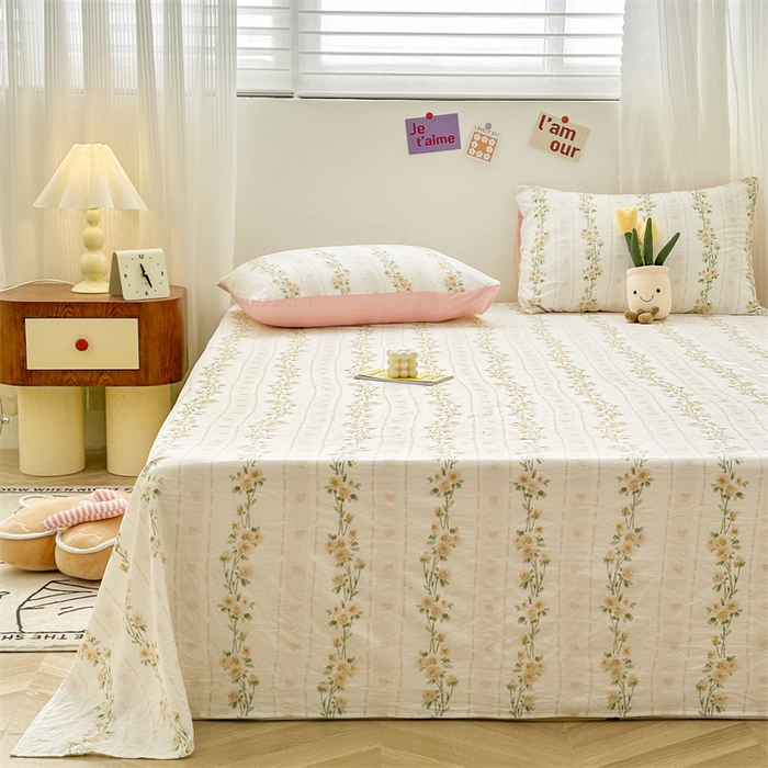 91家纺网 家纺一手货源 找家纺 古吉梦 2024新款水洗棉小清新印花床单 水洗棉-花语