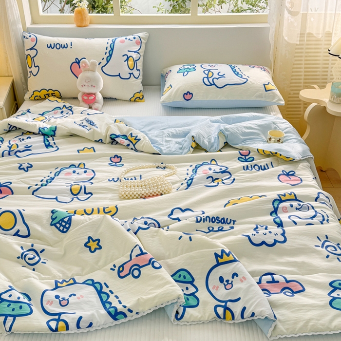 91家纺网 家纺一手货源 找家纺 寐居家纺 2024新款水洗棉小花边夏被 恐龙乐园