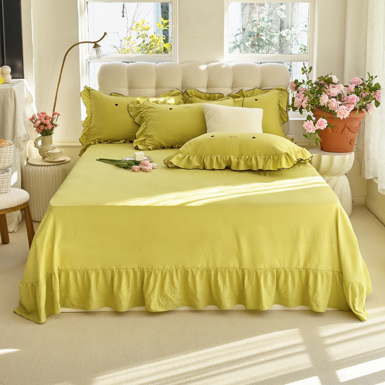 91家纺网 家纺一手货源 找家纺 梦可莱 2024新款亲肤刺绣荷叶边四件套-心灵迷恋 牛油果绿