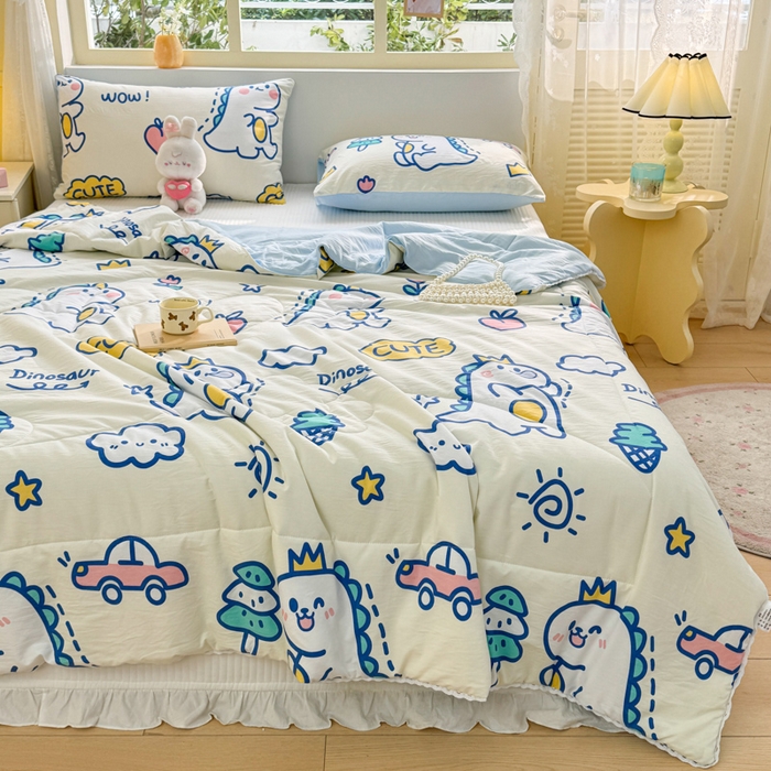 91家纺网 家纺一手货源 找家纺 寐居家纺 2024新款水洗棉小花边夏被 恐龙乐园