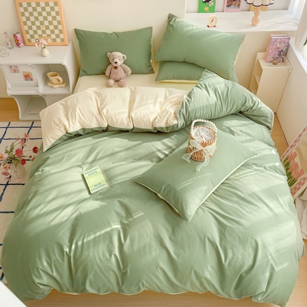雅居纺家纺 2024新款全棉素色水洗棉四件套 豆绿米黄