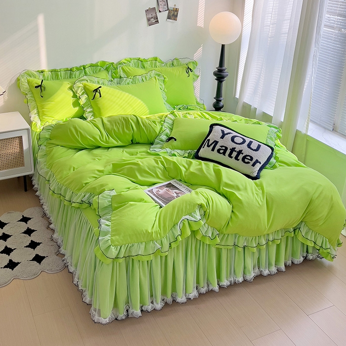 91家纺网 家纺一手货源 找家纺 言熙居 2024新款网纱花边韩版床裙款四件套 小仙女荧光绿