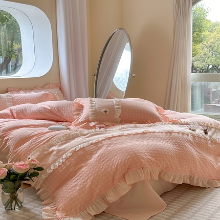 蜜柚2024春夏新款全棉水洗棉韩系ins公主风花边四件套 芙贝拉-浅粉