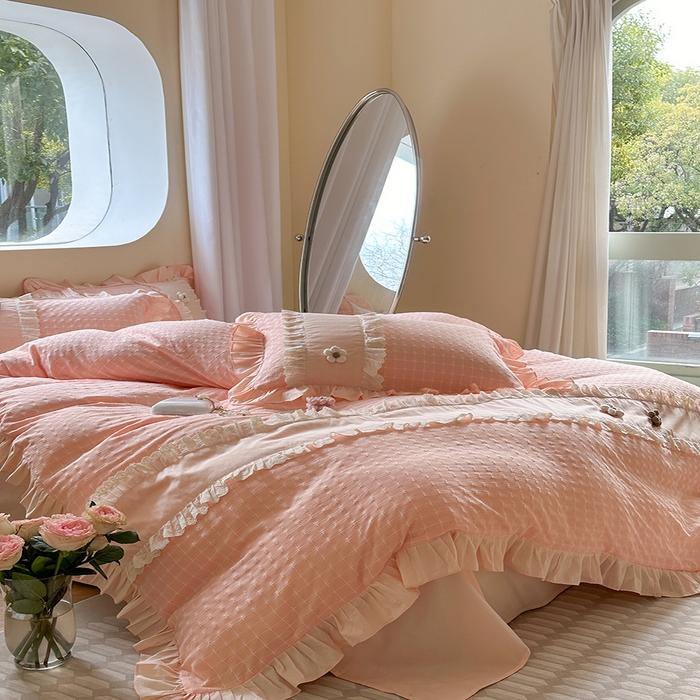 91家纺网 家纺一手货源 找家纺 蜜柚2024春夏新款全棉水洗棉韩系ins公主风花边四件套 芙贝拉-浅粉