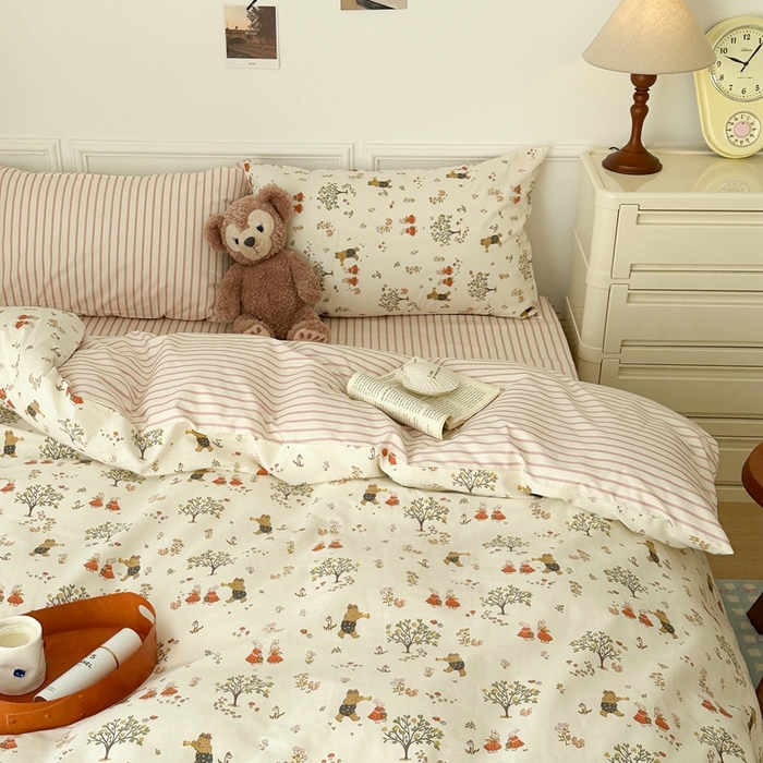 91家纺网 家纺一手货源 找家纺 昔可家纺 2024新款开春小清新花四件套 派对小熊兔兔