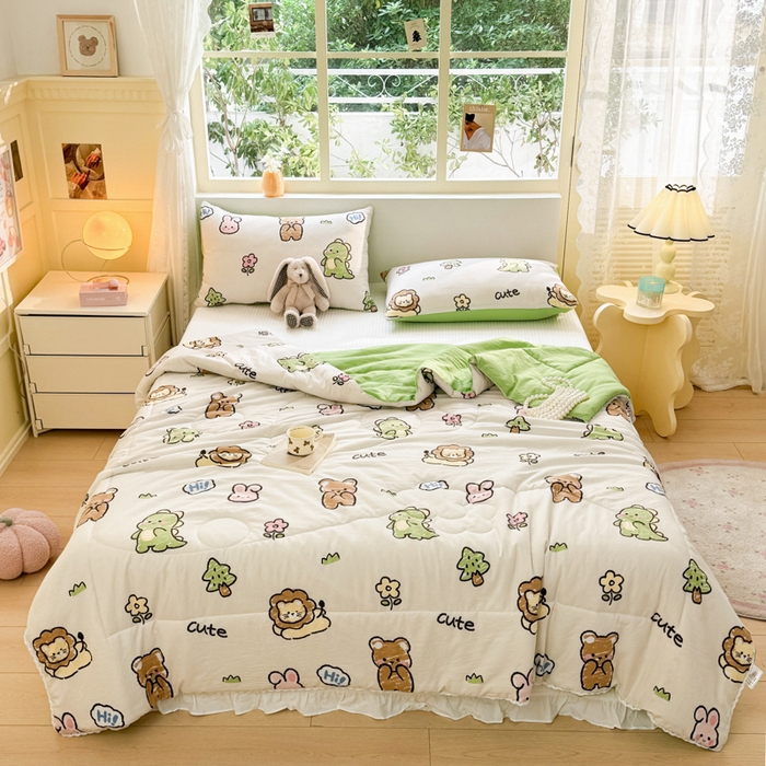 91家纺网 家纺一手货源 找家纺 寐居家纺 2024新款水洗棉小花边夏被 恐龙家族