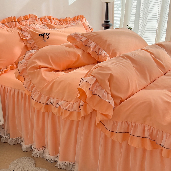 91家纺网 家纺一手货源 找家纺 言熙居 2024新款网纱花边韩版床裙款四件套 小仙女橘