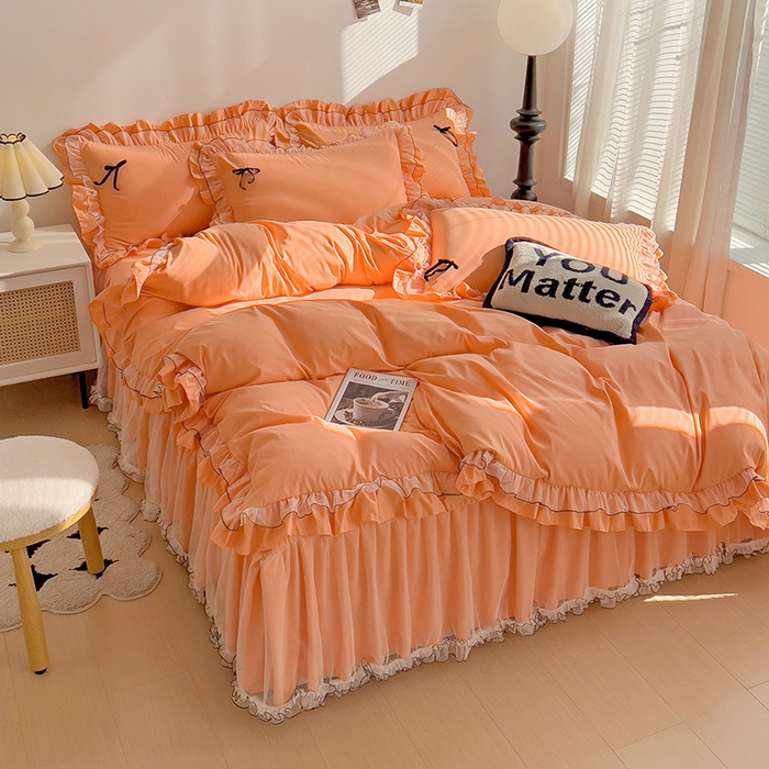 91家纺网 家纺一手货源 找家纺 言熙居 2024新款网纱花边韩版床裙款四件套 小仙女橘