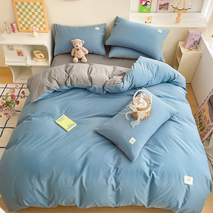 91家纺网 家纺一手货源 找家纺 雅居纺家纺 2024新款全棉素色水洗棉四件套 清雅蓝绅士灰