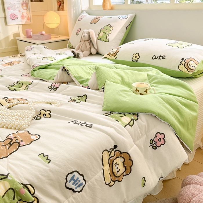 91家纺网 家纺一手货源 找家纺 寐居家纺 2024新款水洗棉小花边夏被 恐龙家族