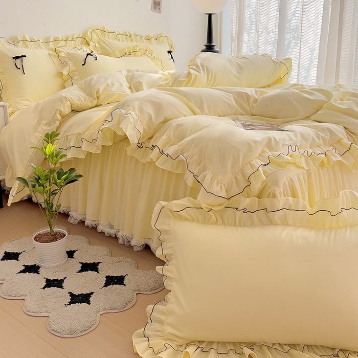 91家纺网 家纺一手货源 找家纺 言熙居 2024新款网纱花边韩版床裙款四件套 小仙女黄