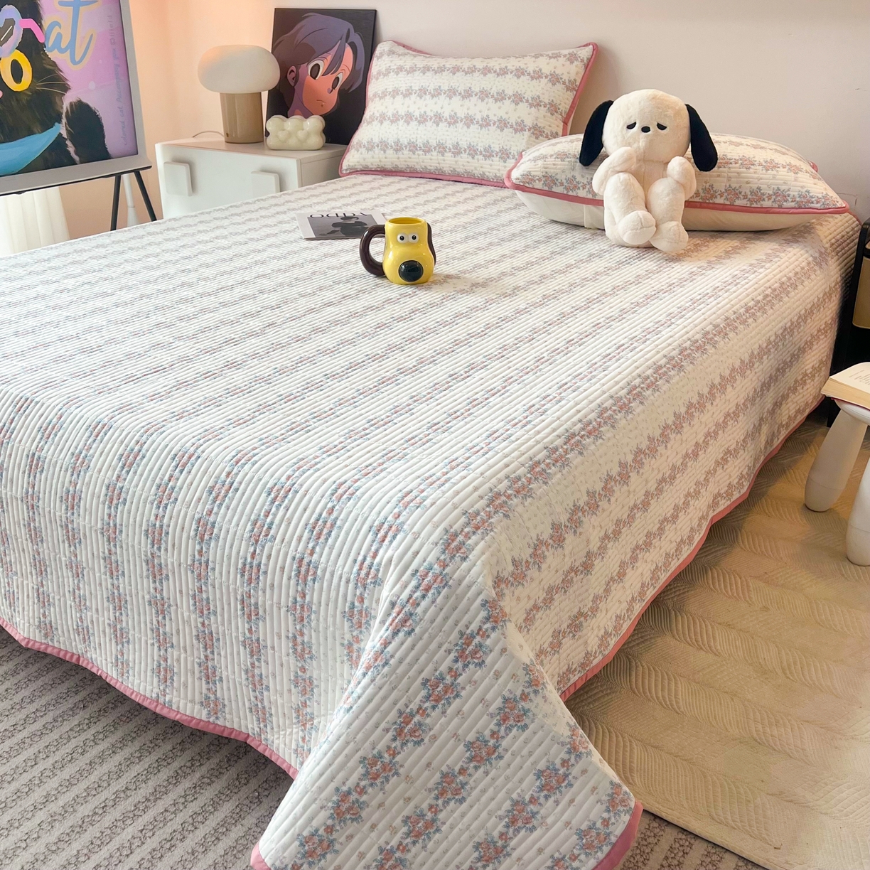 91家纺网 家纺一手货源 找家纺 HL原创 2024新款全棉印花床盖 粉色小花