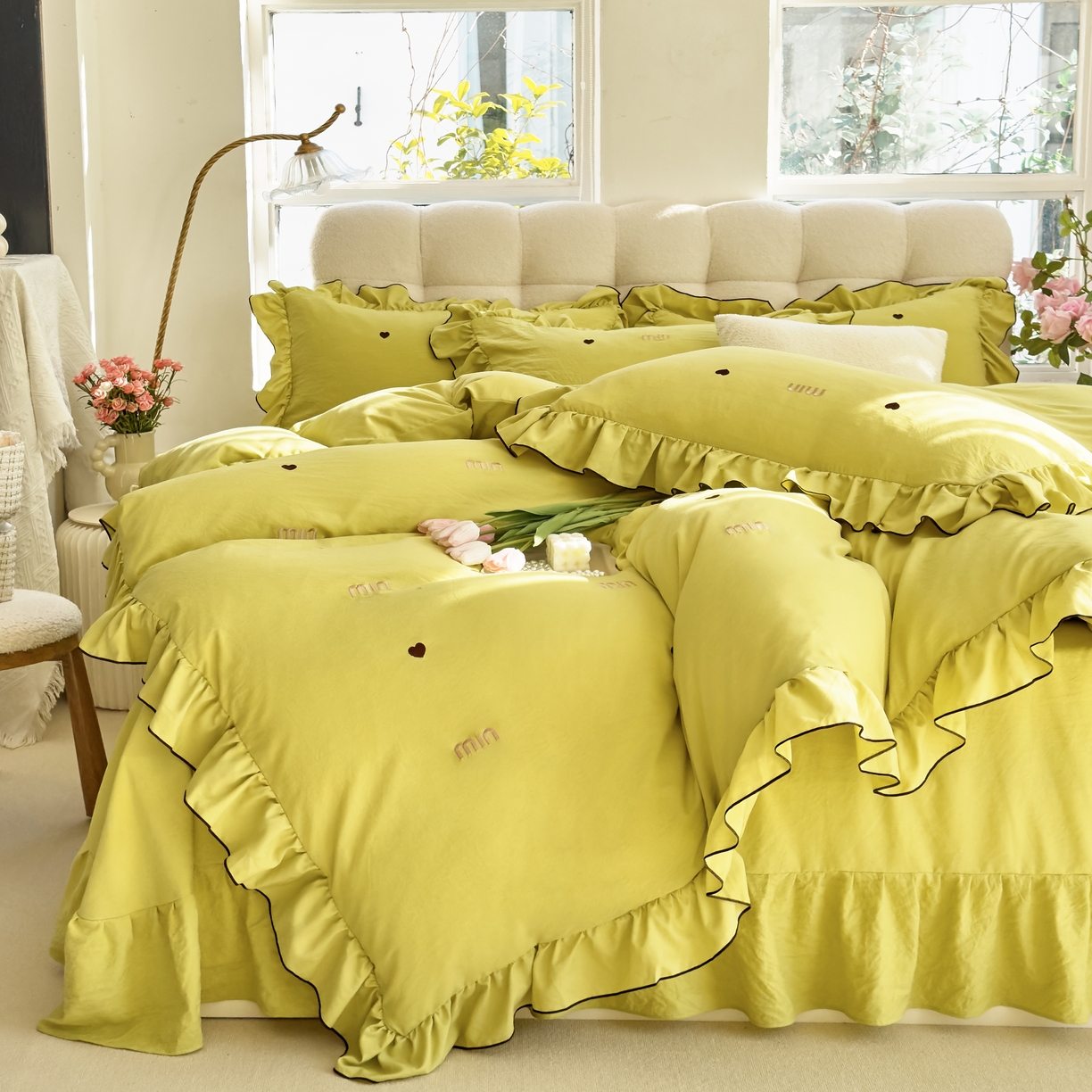 91家纺网 家纺一手货源 找家纺 梦可莱 2024新款亲肤刺绣荷叶边四件套-心灵迷恋 牛油果绿