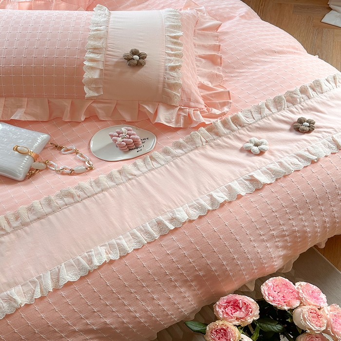 91家纺网 家纺一手货源 找家纺 蜜柚2024春夏新款全棉水洗棉韩系ins公主风花边四件套 芙贝拉-浅粉