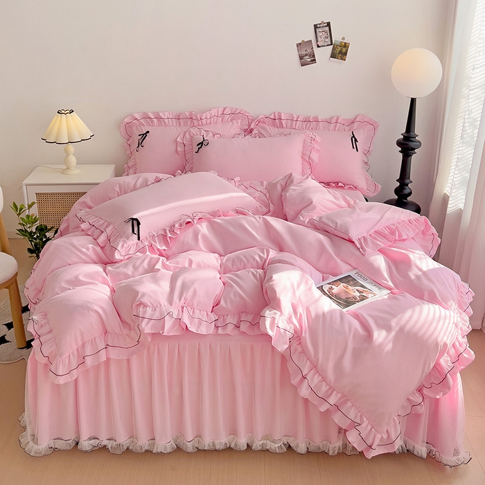 91家纺网 家纺一手货源 找家纺 言熙居 2024新款网纱花边韩版床裙款四件套 小仙女粉