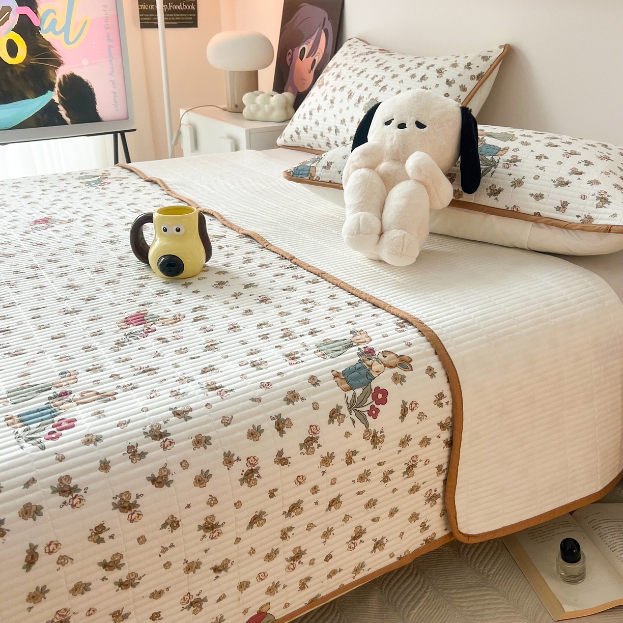 91家纺网 家纺一手货源 找家纺 HL原创 2024新款全棉印花床盖 咖色兔