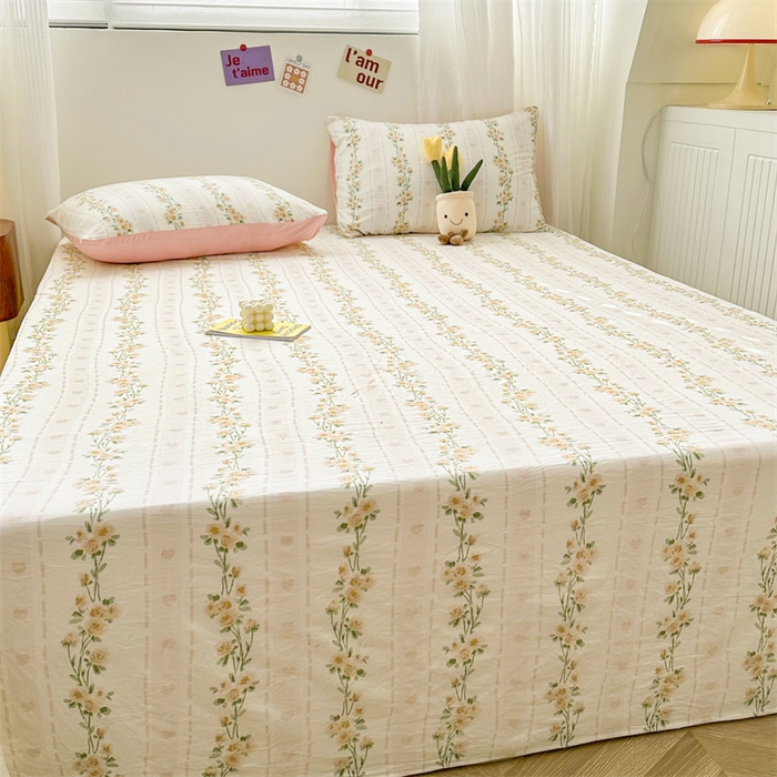 91家纺网 家纺一手货源 找家纺 古吉梦 2024新款水洗棉小清新印花床单 水洗棉-花语