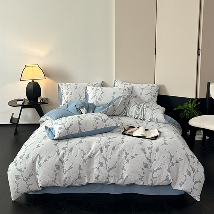 雅居纺家纺 2024新款全棉双层纱色织提花四件套 初春-蓝