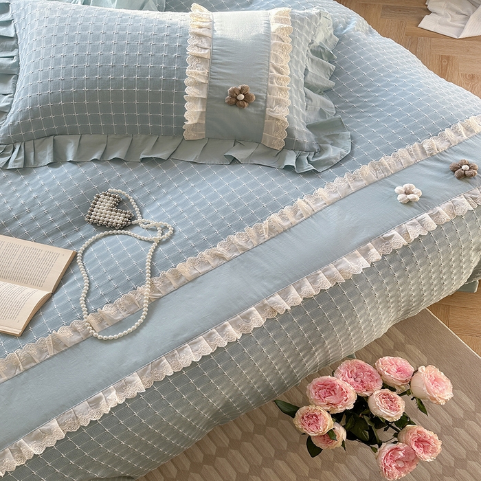 91家纺网 家纺一手货源 找家纺 蜜柚2024春夏新款全棉水洗棉韩系ins公主风花边四件套 芙贝拉-云朵蓝