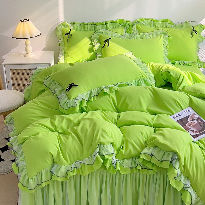 91家纺网 家纺一手货源 找家纺 言熙居 2024新款网纱花边韩版床裙款四件套 小仙女荧光绿