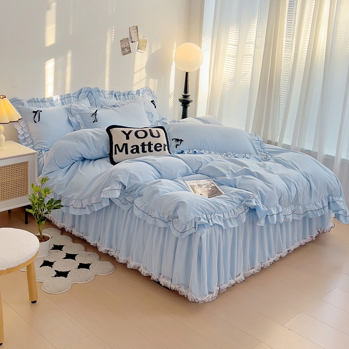 91家纺网 家纺一手货源 找家纺 言熙居 2024新款网纱花边韩版床裙款四件套 小仙女蓝