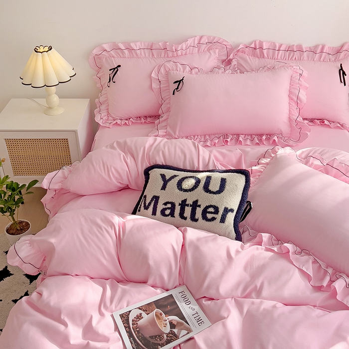 91家纺网 家纺一手货源 找家纺 言熙居 2024新款网纱花边韩版床裙款四件套 小仙女粉