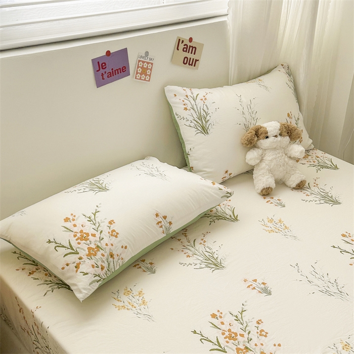 91家纺网 家纺一手货源 找家纺 古吉梦 2024新款水洗棉小清新印花床笠 仙草