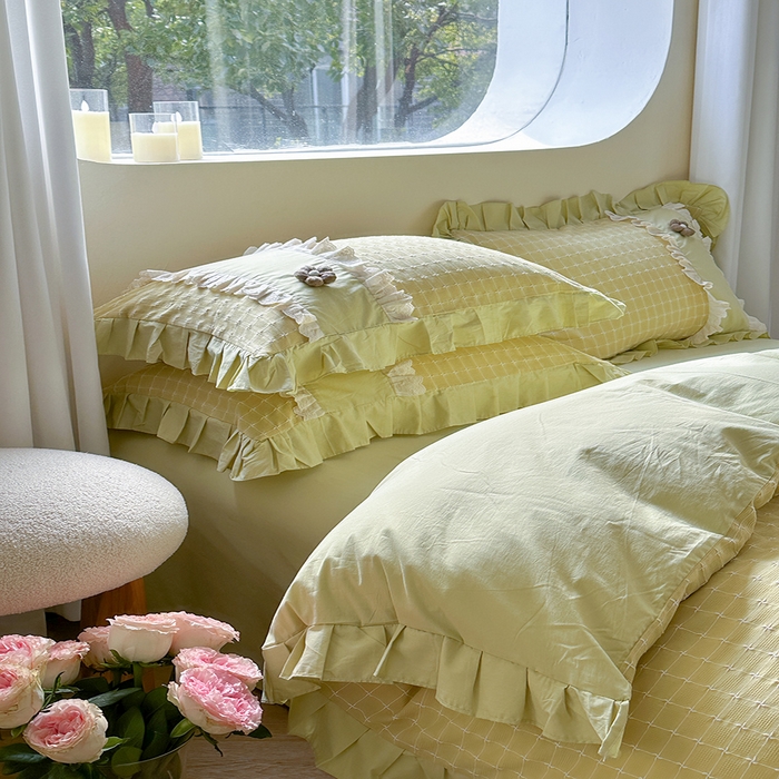 91家纺网 家纺一手货源 找家纺 蜜柚2024春夏新款全棉水洗棉韩系ins公主风花边四件套 芙贝拉-抹茶绿