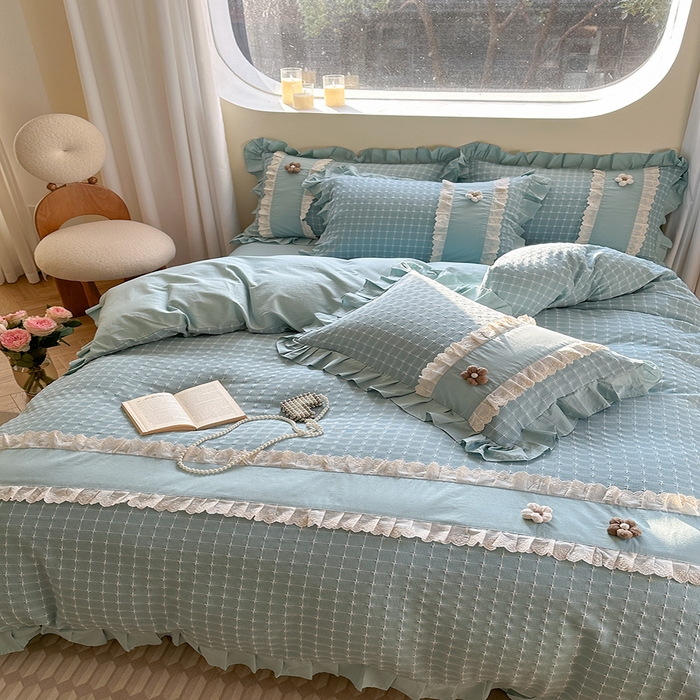 91家纺网 家纺一手货源 找家纺 蜜柚2024春夏新款全棉水洗棉韩系ins公主风花边四件套 芙贝拉-云朵蓝