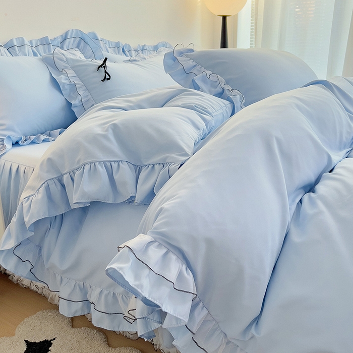 91家纺网 家纺一手货源 找家纺 言熙居 2024新款网纱花边韩版床裙款四件套 小仙女蓝