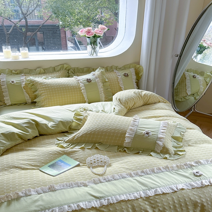 91家纺网 家纺一手货源 找家纺 蜜柚2024春夏新款全棉水洗棉韩系ins公主风花边四件套 芙贝拉-抹茶绿