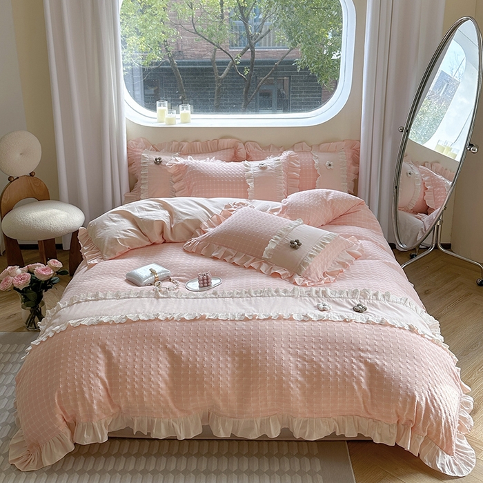 91家纺网 家纺一手货源 找家纺 蜜柚2024春夏新款全棉水洗棉韩系ins公主风花边四件套 芙贝拉-浅粉