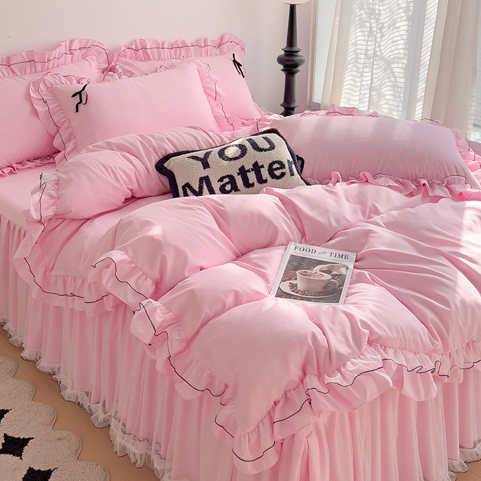 91家纺网 家纺一手货源 找家纺 言熙居 2024新款网纱花边韩版床裙款四件套 小仙女粉