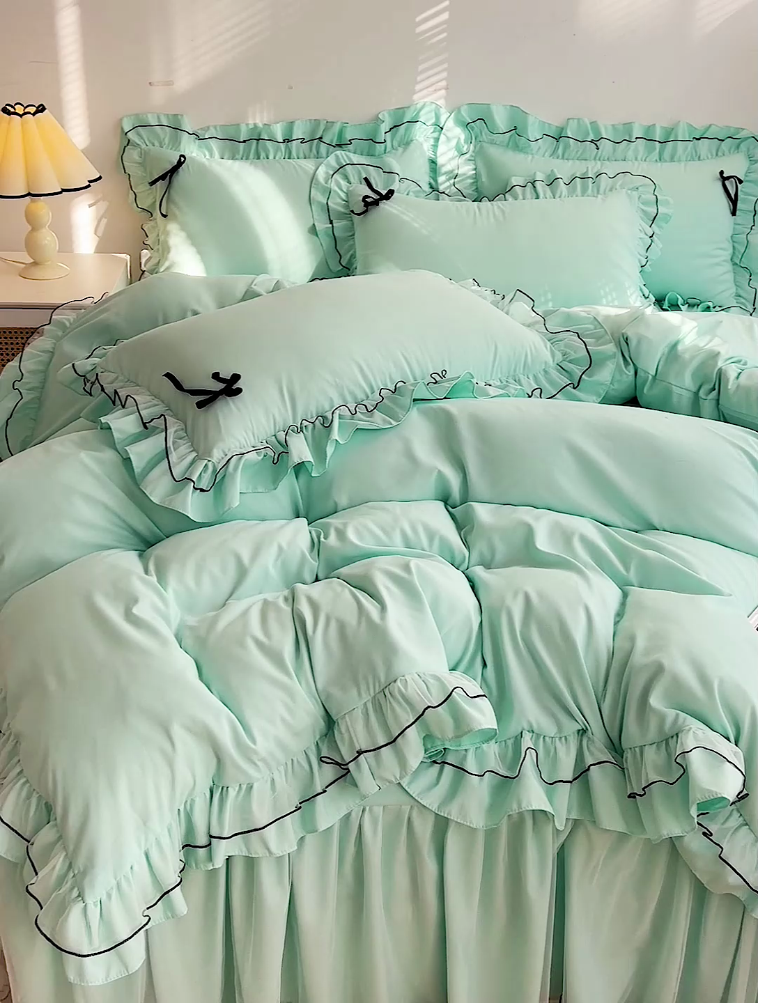 91家纺网 家纺一手货源 找家纺 言熙居 2024新款网纱花边韩版床裙款四件套 小仙女浅蓝