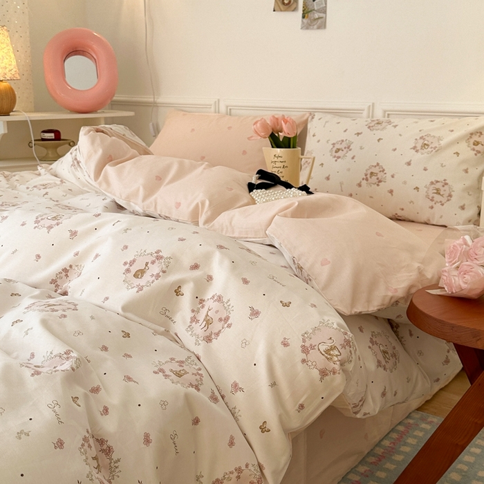 91家纺网 家纺一手货源 找家纺 昔可家纺 2024新款开春小清新花四件套 天鹅小熊