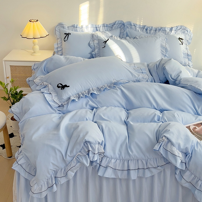 91家纺网 家纺一手货源 找家纺 言熙居 2024新款网纱花边韩版床裙款四件套 小仙女蓝