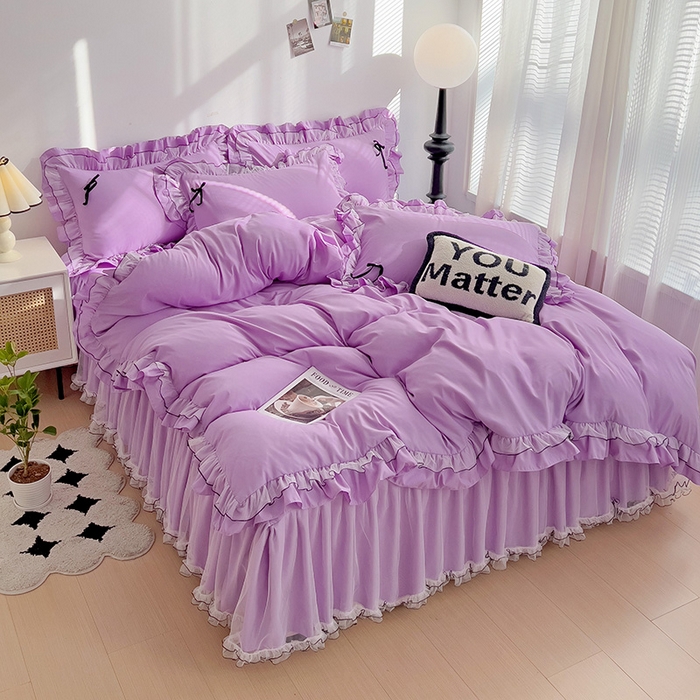 91家纺网 家纺一手货源 找家纺 言熙居 2024新款网纱花边韩版床裙款四件套 小仙女紫