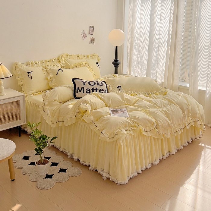 91家纺网 家纺一手货源 找家纺 言熙居 2024新款网纱花边韩版床裙款四件套 小仙女黄