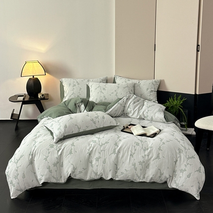 91家纺网 家纺一手货源 找家纺 雅居纺家纺 2024新款全棉双层纱色织提花四件套 初春-绿