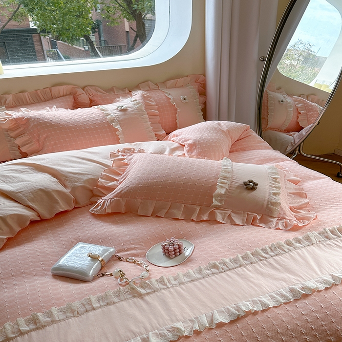 91家纺网 家纺一手货源 找家纺 蜜柚2024春夏新款全棉水洗棉韩系ins公主风花边四件套 芙贝拉-浅粉