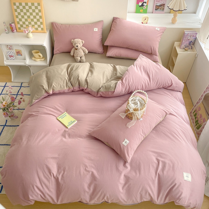 91家纺网 家纺一手货源 找家纺 雅居纺家纺 2024新款全棉素色水洗棉四件套 绅士红卡其