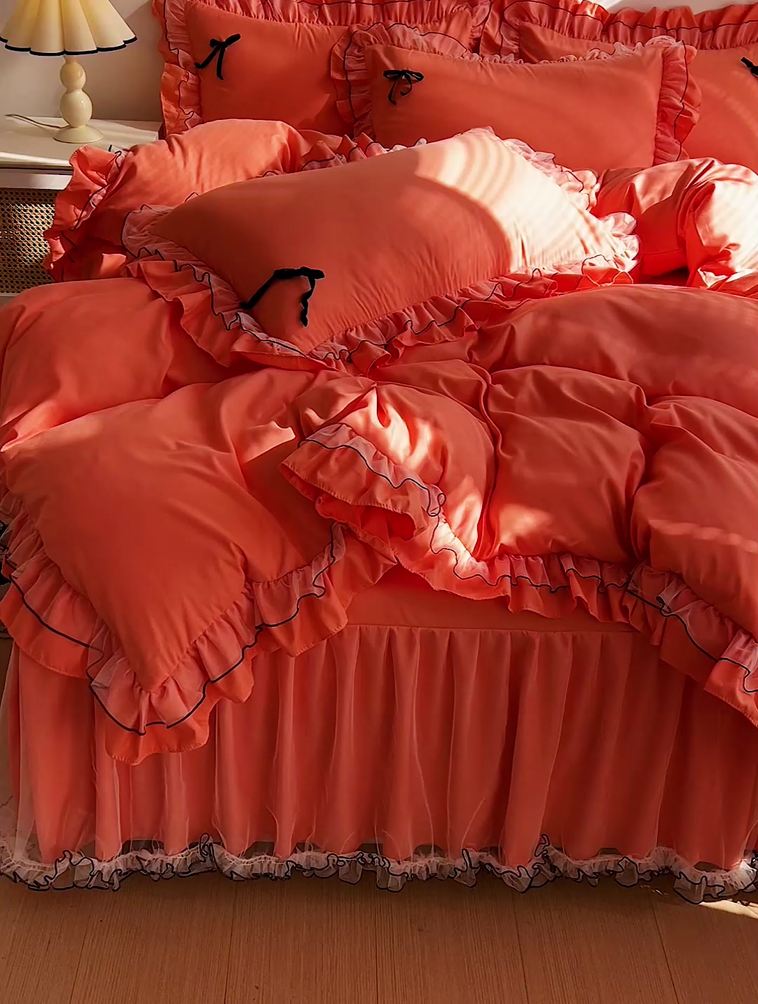 91家纺网 家纺一手货源 找家纺 言熙居 2024新款网纱花边韩版床裙款四件套 小仙女橘