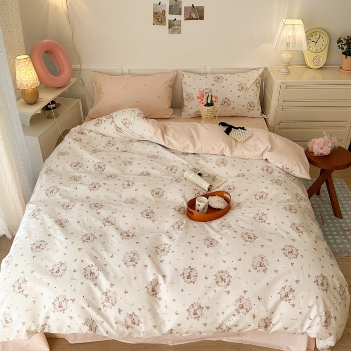 91家纺网 家纺一手货源 找家纺 昔可家纺 2024新款开春小清新花四件套 天鹅小熊